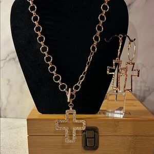 Gold Cross Necklace and Earring Set
